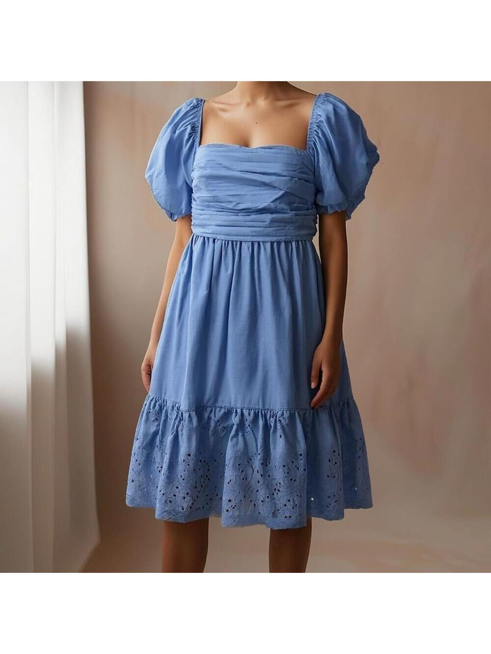 En Saison Women's Blue Eyelet Puff Sleeve Open Back Dress M